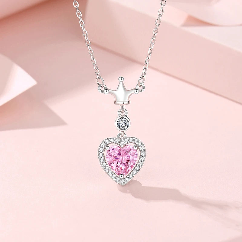 Pink Heart Crown Necklace: S925 Silver Zircon Design