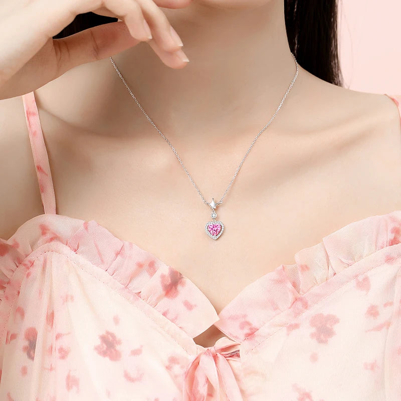 Pink Heart Crown Necklace: S925 Silver Zircon Design