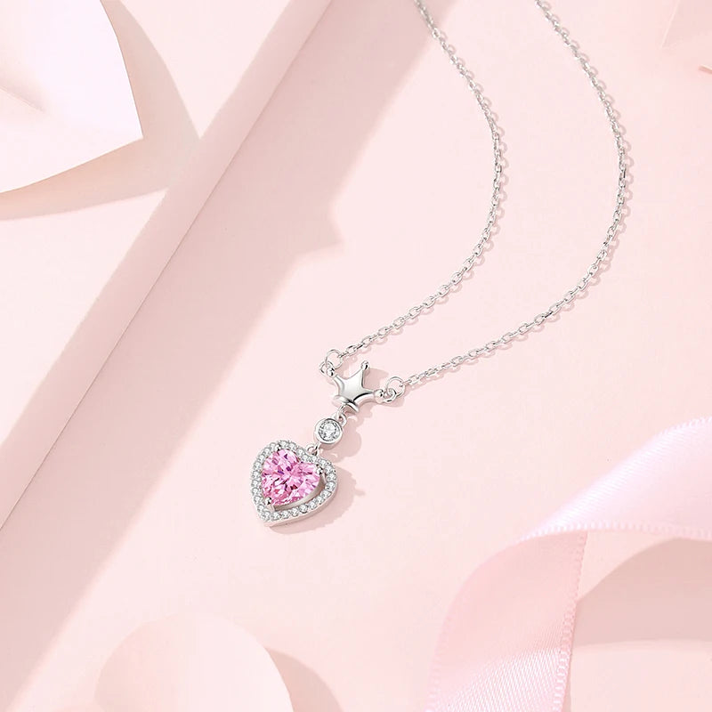 Pink Heart Crown Necklace: S925 Silver Zircon Design