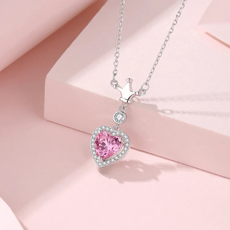 Pink Heart Crown Necklace: S925 Silver Zircon Design